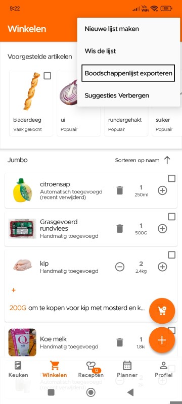 Export Shopping List option in overflow menu